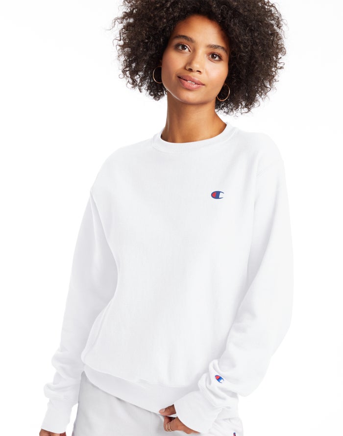 Champion Womens Sweatshirt NZ - Reverse Weave Boyfriend Crew White ( 5286-PIJFR )